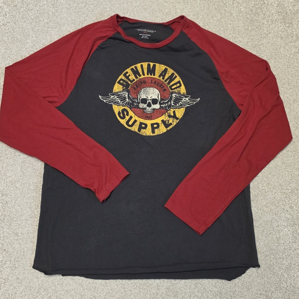Ralph Lauren Denim & Supply XL Skull Wings Graphic Raglan Shirt Red Black Cotton